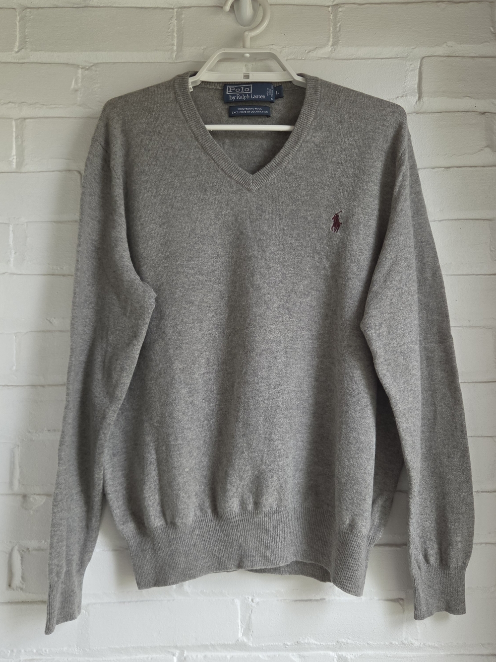POLO RALPH LAUREN Mens Merino Wool V-Neck Sweater Jumper Size M Gray Maroon Pony